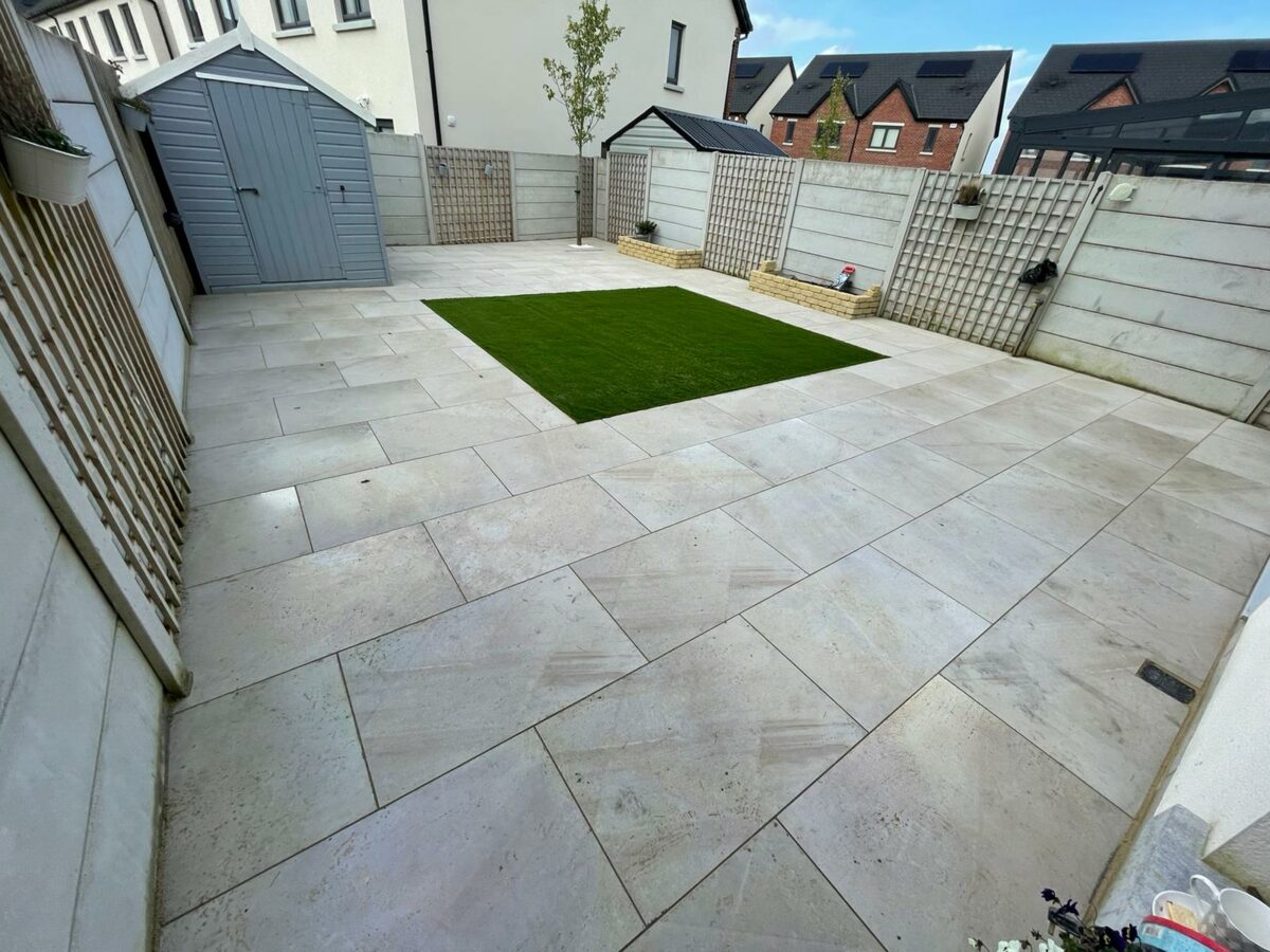 Porcelain Tiled Patio with Artificial Grass in Maynooth