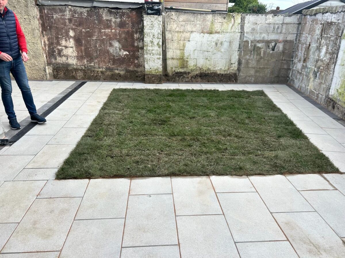 Patio with Newgrange Flagstones and New Lawn in Palmerstown, Dublin