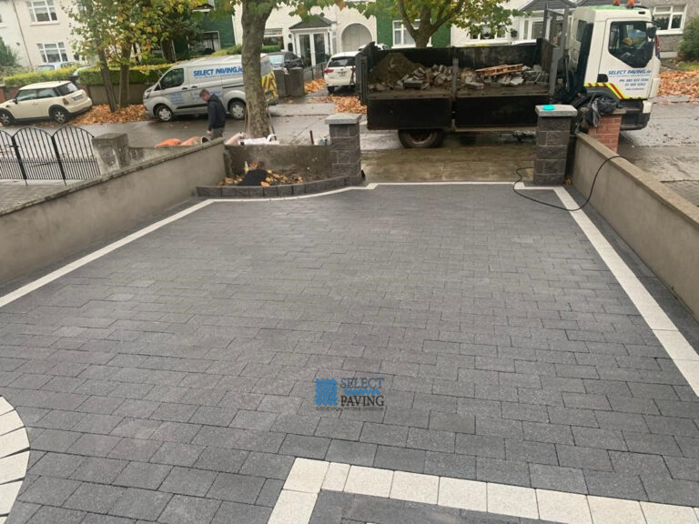 Driveway with Black and Silver Granite Cobbles, Steps and Pillars in Blanchardstown, Dublin